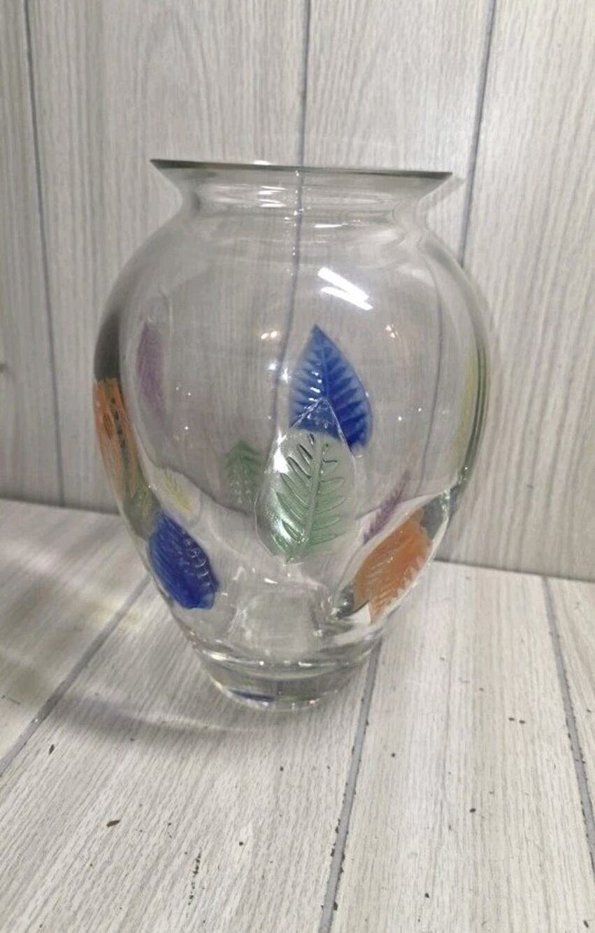 Vtg Urn Shaped Art Glass Vase Multicolored Leaves Beautiful 10" Romanian
